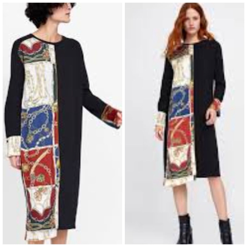 Zara Black Midi Dress Medium Scarf Chain Print Accent Long Sleeves Bloggers Fave